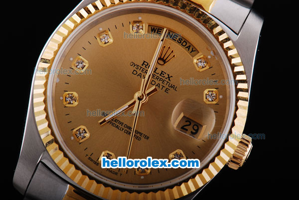 Rolex Day-Date Oyster Perpetual Automatic with Gold Dial and Bezel,Diamond Marking - Click Image to Close